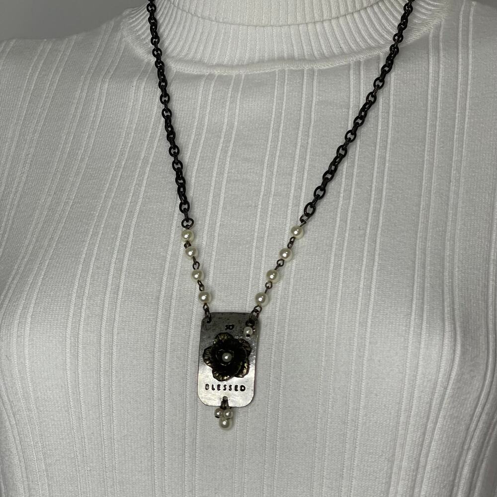 pendant necklace long burnished gold tone chain SO BLESSED mixed metals jewelry
